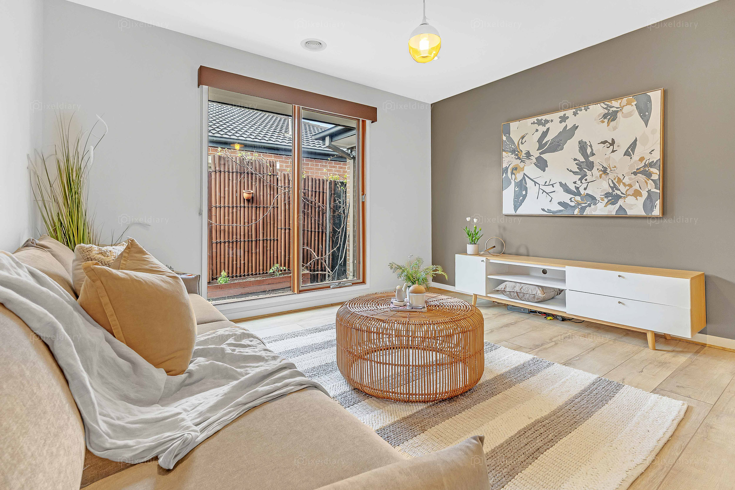 Warmly styled living room with natural textures