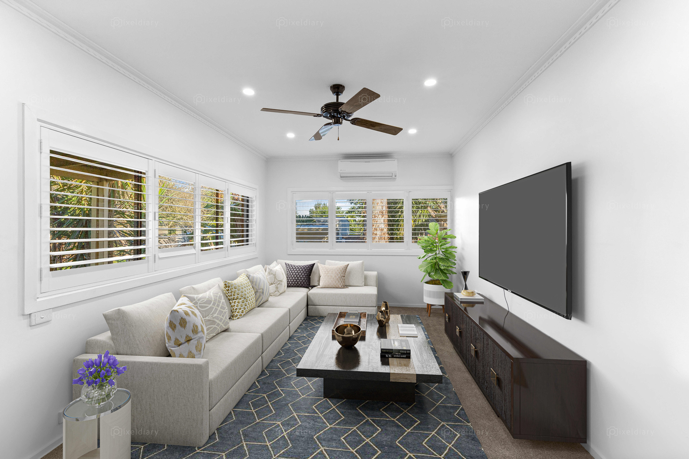 Bright media room with modern furnishings