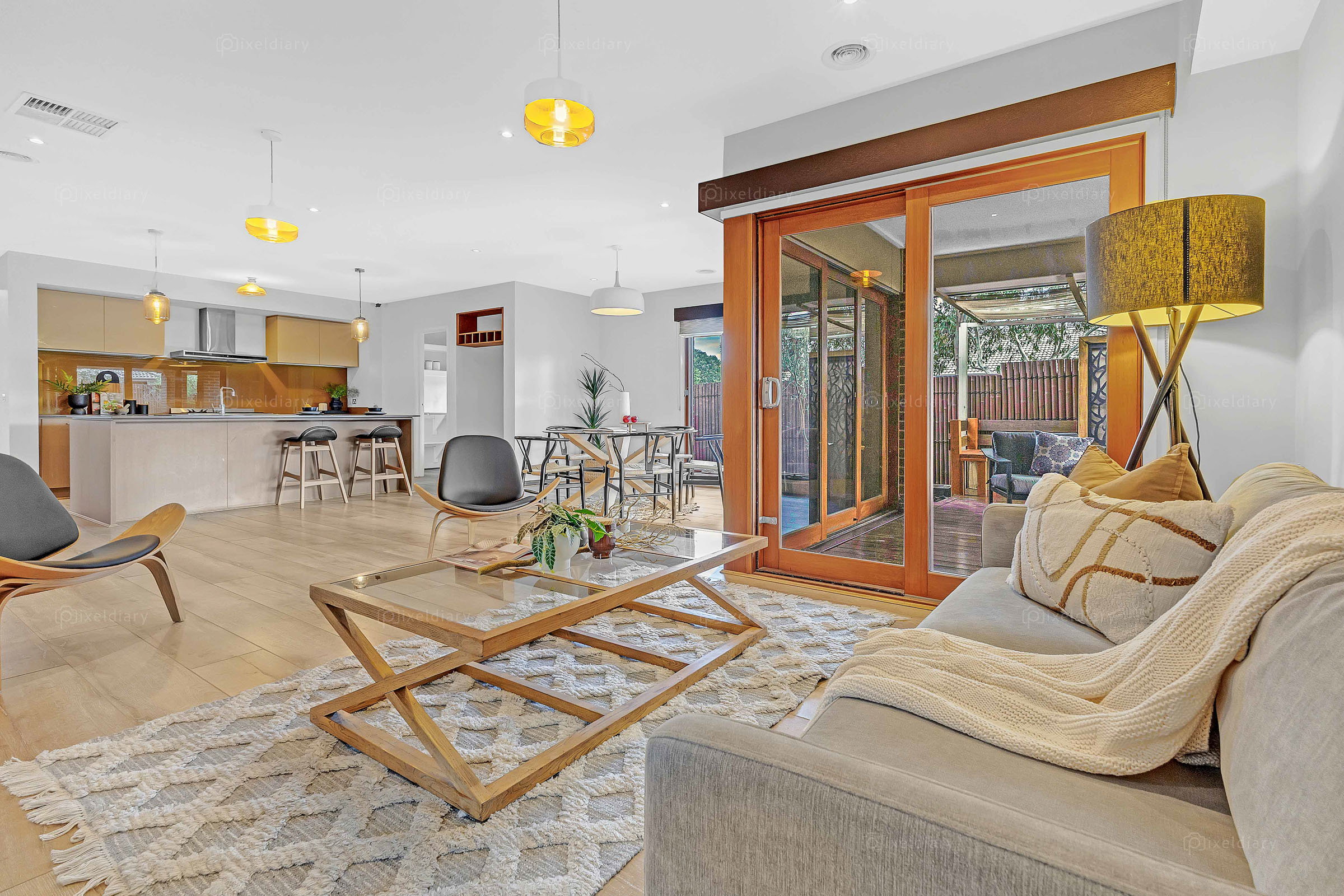 Open-plan living area with warm timber detailing