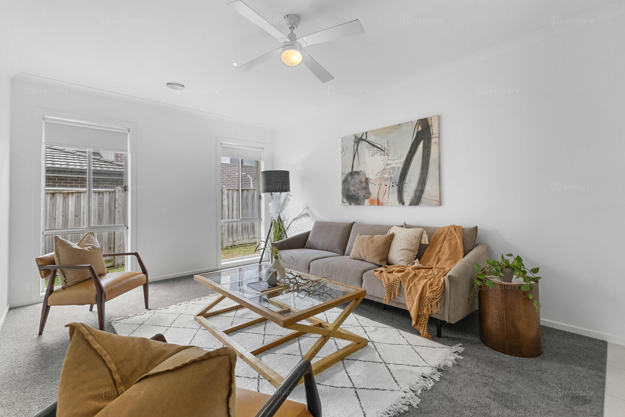 Comfortable living room with warm neutral accents