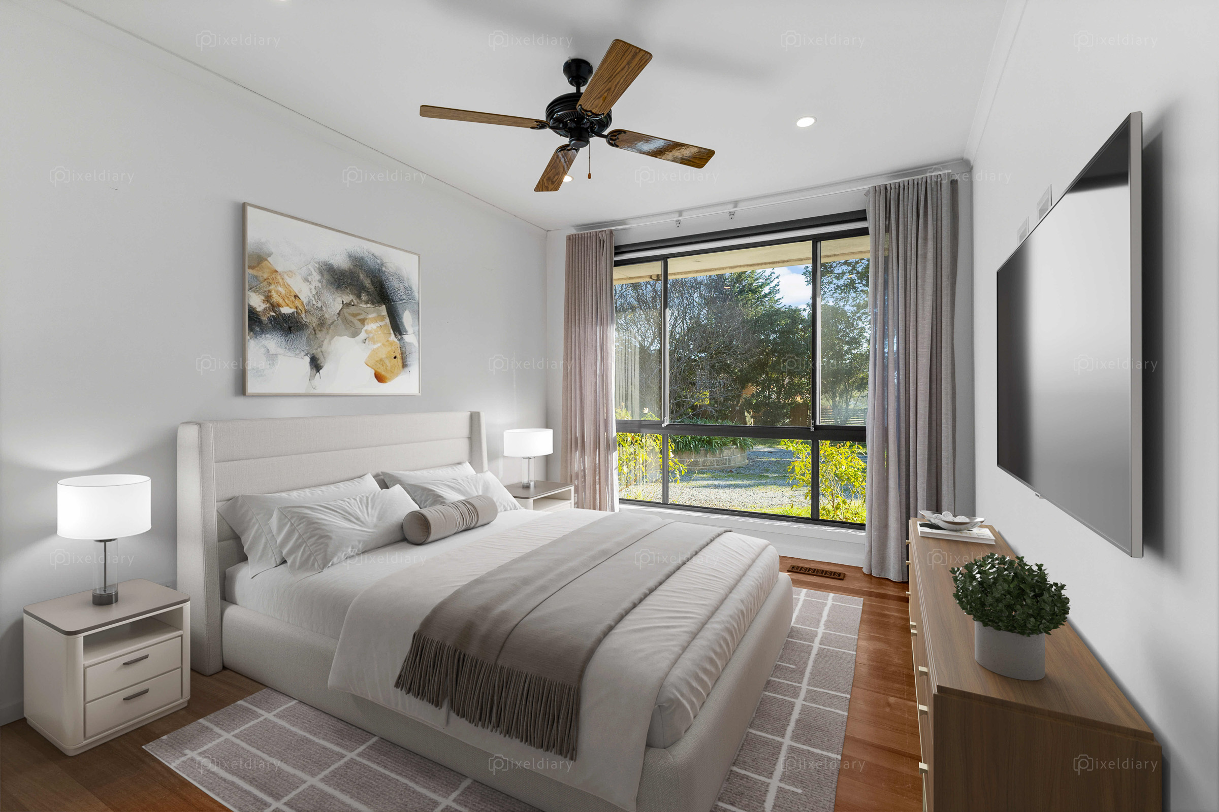 Serene bedroom overlooking a leafy garden