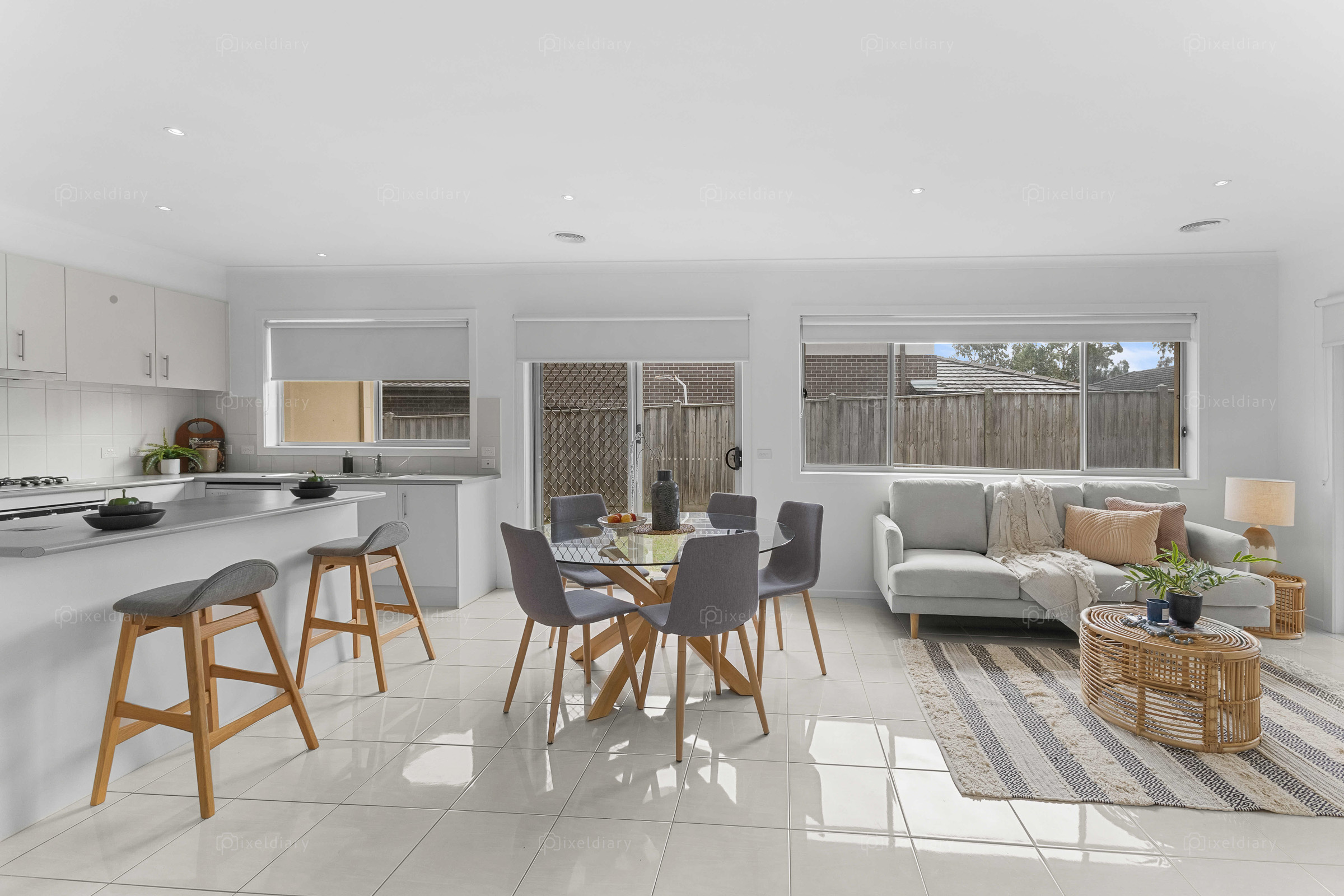 Bright open-plan kitchen, dining and living area