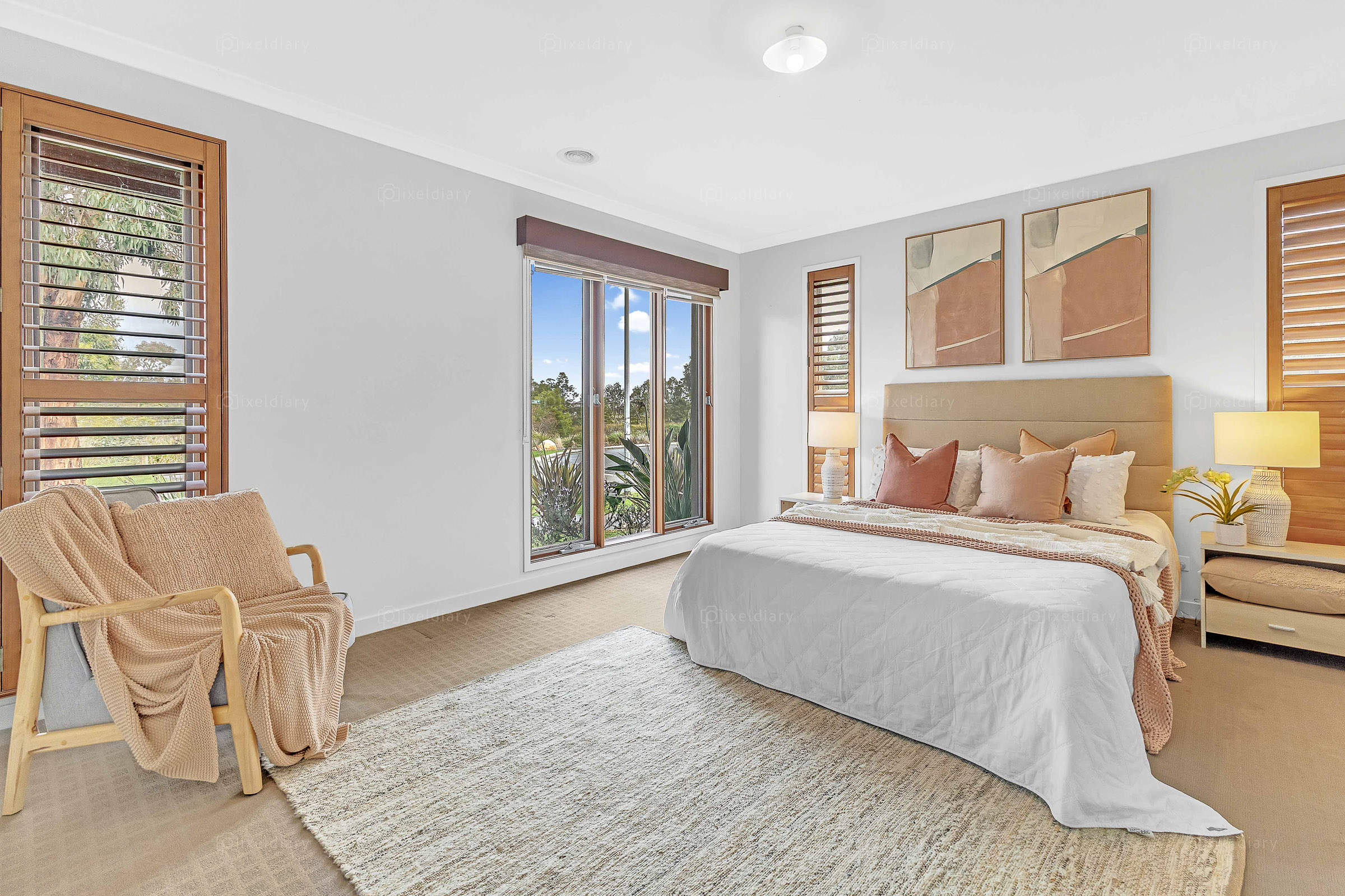 Light-filled bedroom with soft neutral styling